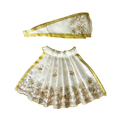 Cotton Thread Work Cream Lehnga Patka