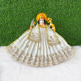 Cotton Thread Work Cream Lehnga Patka