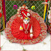Bandhej Frill Cutdana Sitara Moti Work Red Laddu Gopal Poshak With Pagdi