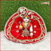 Net Frill Lace Jarkan Moti Work Red Laddu Gopal Poshak With Patka