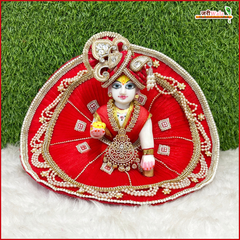 Net Frill Lace Jarkan Moti Work Red Laddu Gopal Poshak With Patka