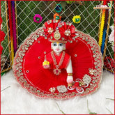 Blended Frill Jarkan Stone Booti Work Red Laddu Gopal Poshak With Pagdi