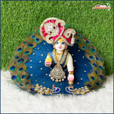 Net Frill Jarkan Kundan Stone Work Dark Blue Laddu Gopal Poshak With Patka