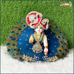 Net Frill Jarkan Kundan Stone Work Dark Blue Laddu Gopal Poshak With Patka