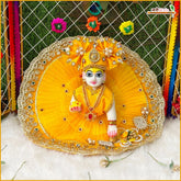 Blended Frill Jarkan Stone Booti Work Yellow Laddu Gopal Poshak With Pagdi
