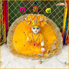 Blended Frill Jarkan Stone Booti Work Yellow Laddu Gopal Poshak With Pagdi