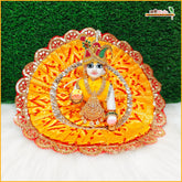 Bandhej Lace Work Yellow Laddu Gopal Poshak With Patka
