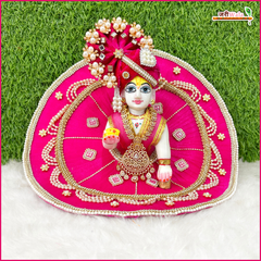 Net Frill Lace Jarkan Moti Work Magenta Laddu Gopal Poshak With Patka
