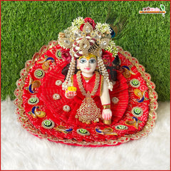 Blended Frill Jarkan Stone Booti Work Bandhej Red Laddu Gopal Poshak With Pagdi