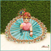 Blended Lace Jarkan Work Light Blue Laddu Poshak With Patka