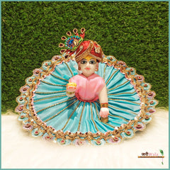 Blended Lace Jarkan Work Light Blue Laddu Poshak With Patka