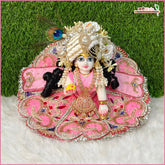 Blended Net Jarkan Dabka Work Baby Pink Laddu Gopal Poshak With Patka