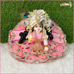 Blended Net Jarkan Dabka Work Baby Pink Laddu Gopal Poshak With Patka