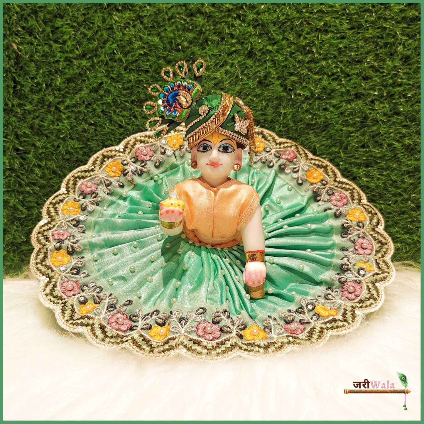 Blended Lace Moti Work Sea Green Laddu Poshak With Patka