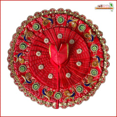Blended Frill Jarkan Stone Booti Work Bandhej Red Laddu Gopal Poshak With Pagdi
