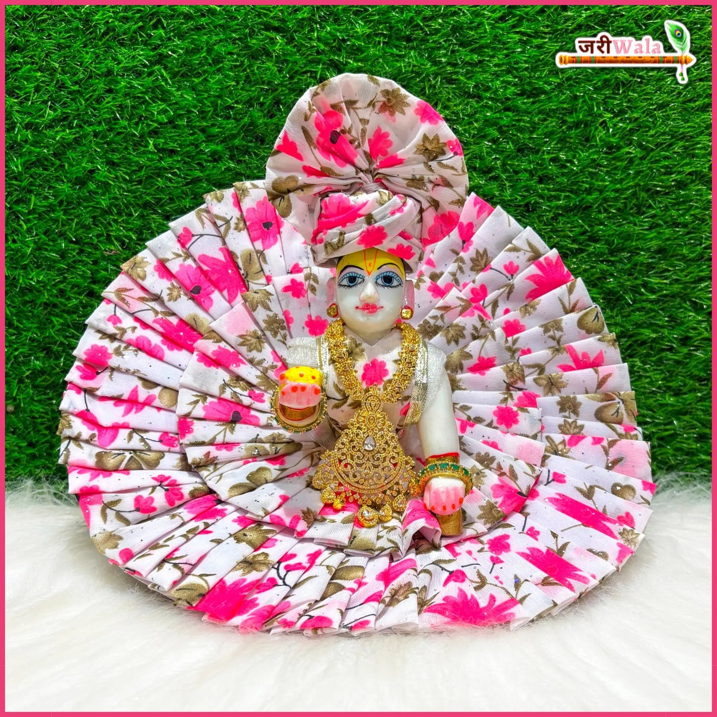 Cotton Frill Floral Print Laddu Gopal Poshak With Pagdi & Patka