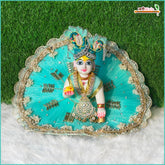 Net Frill Lace Jarkan Moti Kundan Work Aqua Green Laddu Gopal Poshak With Patka