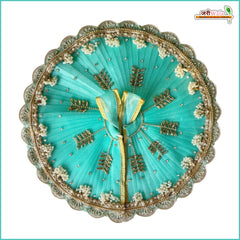 Net Frill Lace Jarkan Moti Kundan Work Aqua Green Laddu Gopal Poshak With Patka