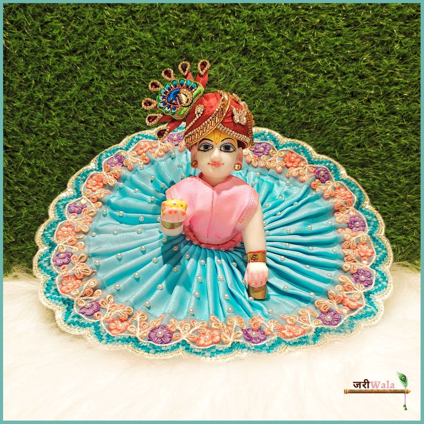 Blended Lace Moti Work Light Blue Laddu Poshak With Patka