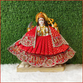Bandhej Frill Cutdana Sitara Moti Work Red Lehnga Patka