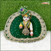 Net Frill Lace Jarkan Stone Kundan Work Dark Green Laddu Gopal Poshak With Patka