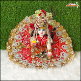 Blended Jarkan Stone Booti Work Bandhej Red Laddu Gopal Poshak With Pagdi