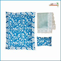 Cotton Leaf Printed 3 Piece Gadda Takia Set Firozi