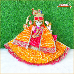 Cotton Frill Bandhej Thread Sitara Work Yellow Magenta Lehnga Patka