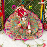 Blended Frill Jarkan Stone Booti Work Multicolor Laddu Gopal Poshak With Pagdi