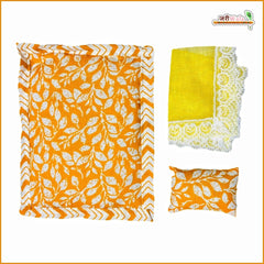 Cotton Leaf Printed 3 Piece Gadda Takia Set Yellow