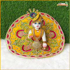 Blended Thread Dabka Moti Stone Work Yellow Laddu Gopal Poshak With Patka