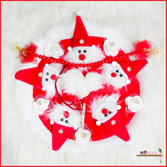 Christmas Red Velvet Heavy Furr Laddu Poshak With Cap Patka & Bag