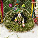 Blended Frill Jarkan Stone Booti Work Green Laddu Gopal Poshak With Pagdi