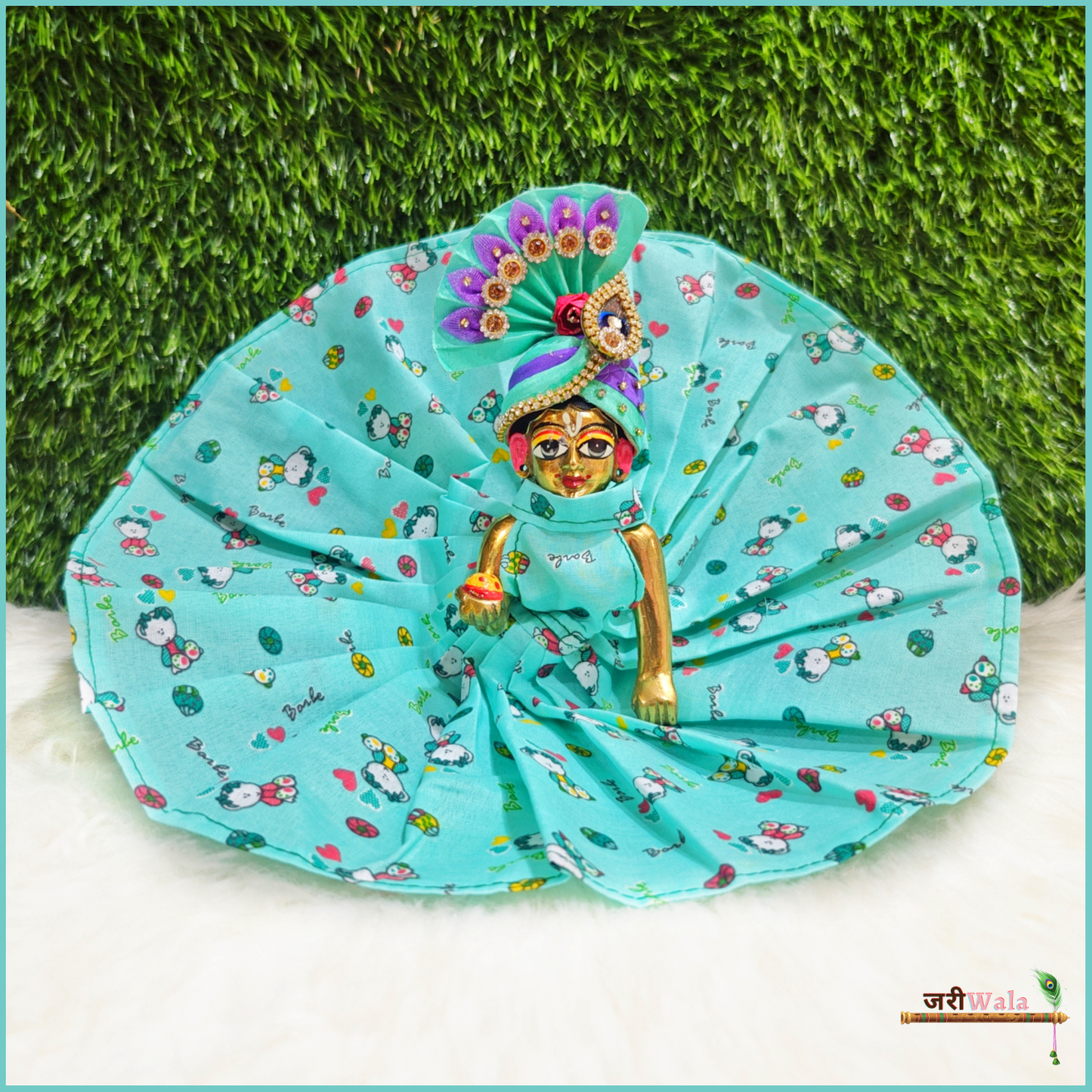 Cotton Printed Green Laddu Gopal Poshak With Cap