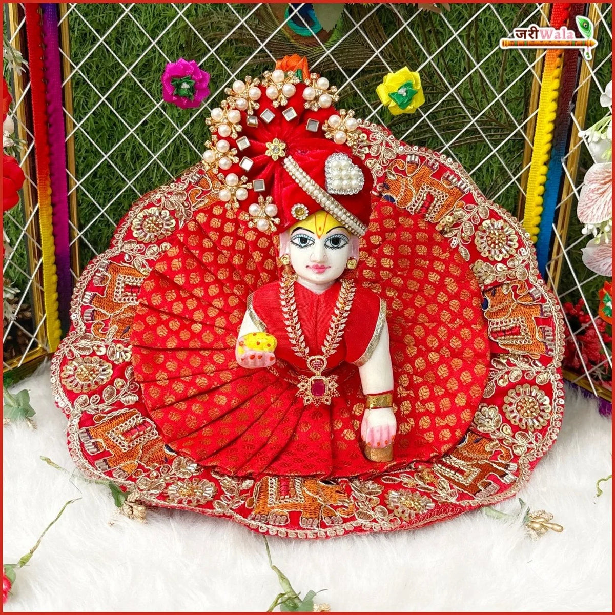 Bandhej Frill Cutdana Sitara Moti Work Red Laddu Gopal Poshak With Pagdi