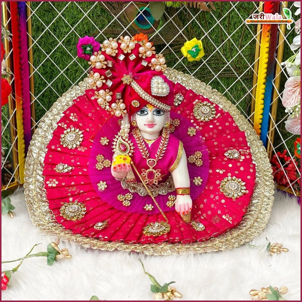 Blended Frill Jarkan Stone Booti Work Multicolor Laddu Gopal Poshak With Pagdi