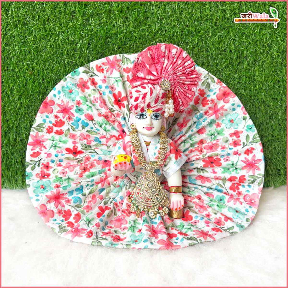 Cotton Floral Print Light Red (Multicolor) Laddu Gopal Poshak
