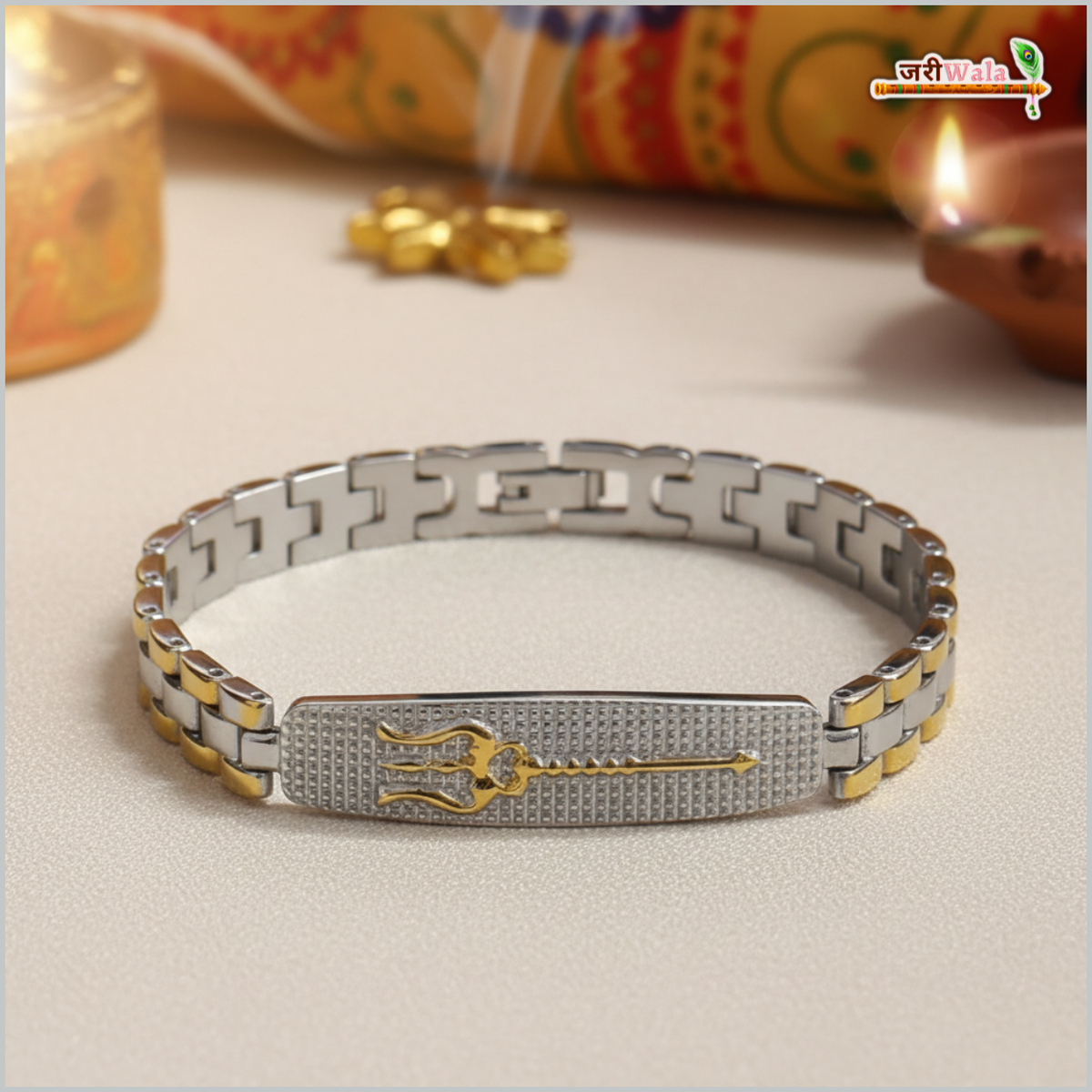 Trishul Engraved Two-Tone Metal Bracelet | Lord Shiva Trishul Spiritual Bracelet