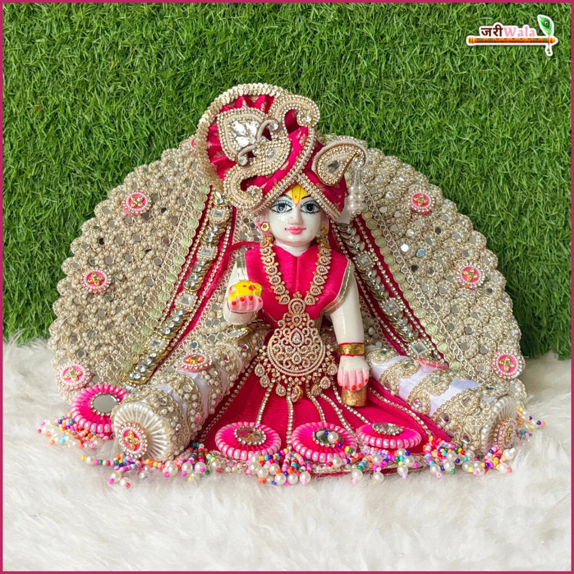 Blended Cone Thread Kundan Mirror Moti Work Multicolor Laddu Gopal Poshak With Patka