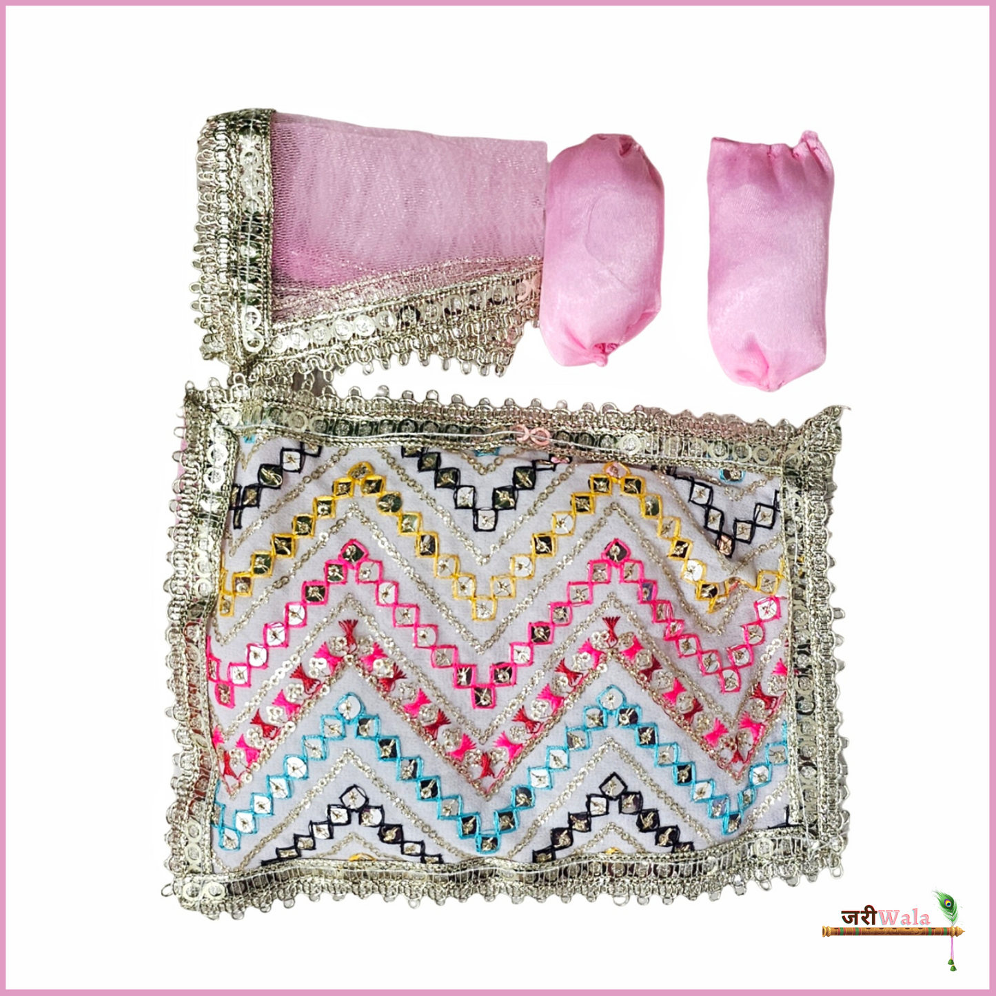 Cotton Thread Sitara Work 4 Piece Gadda Takia Set Baby Pink
