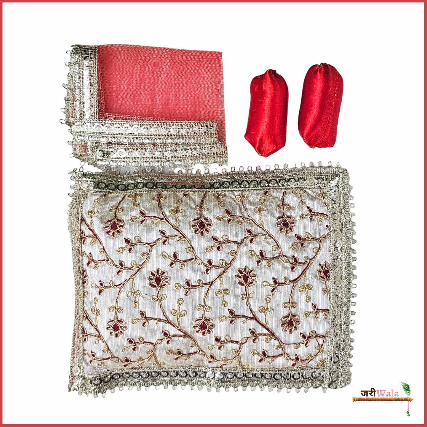Cotton Thread Work 4 Piece Gadda Takia Set Red