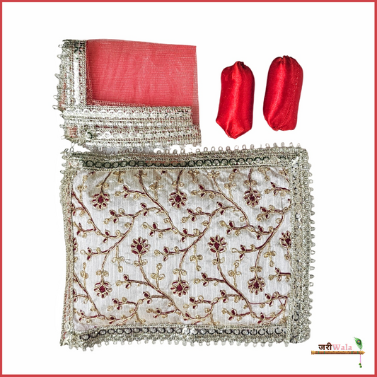 Cotton Thread Work 4 Piece Gadda Takia Set Red