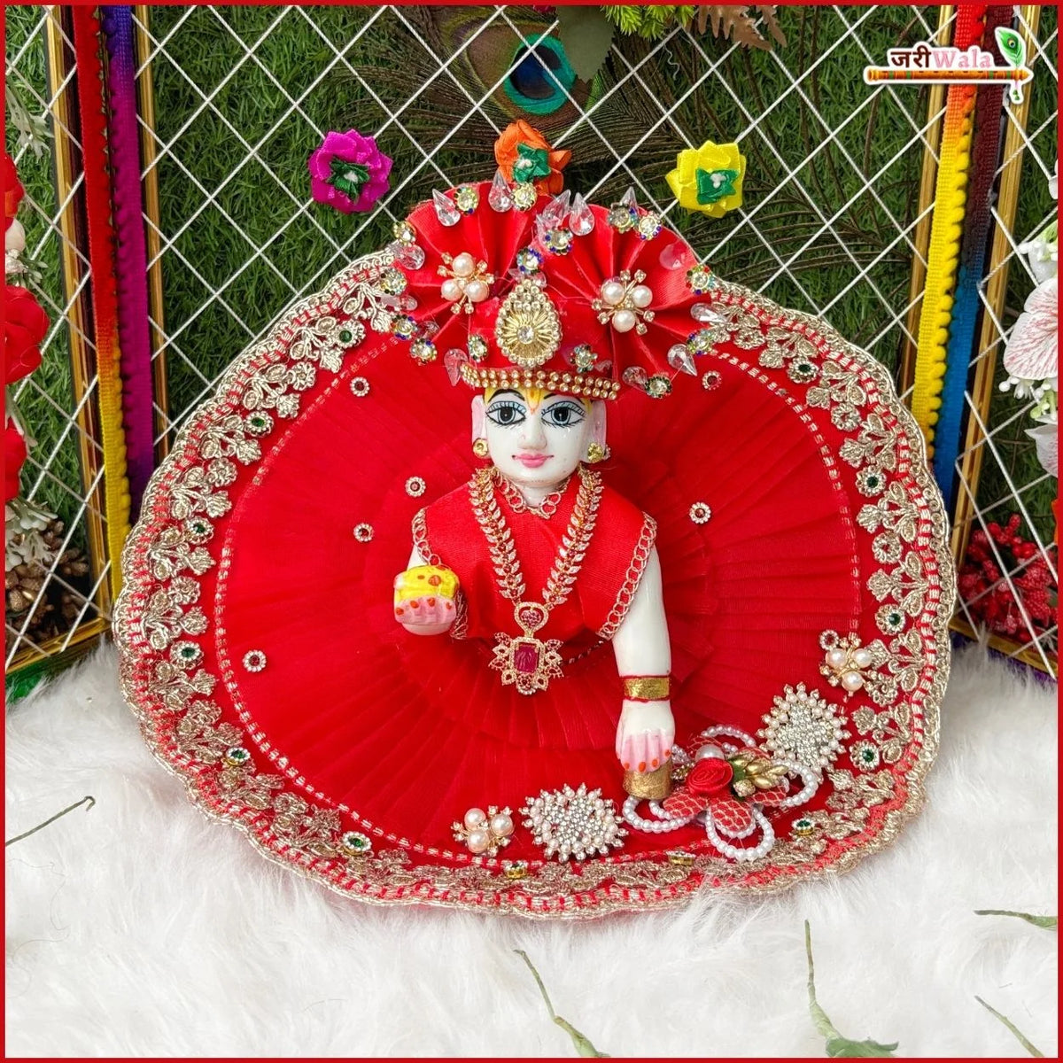 Blended Frill Jarkan Stone Booti Work Red Laddu Gopal Poshak With Pagdi