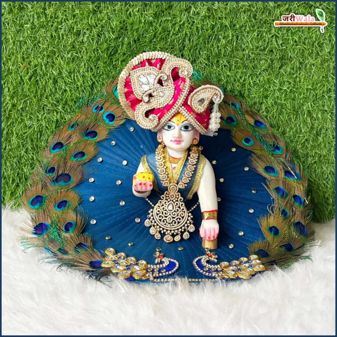 Net Frill Jarkan Kundan Stone Work Dark Blue Laddu Gopal Poshak With Patka