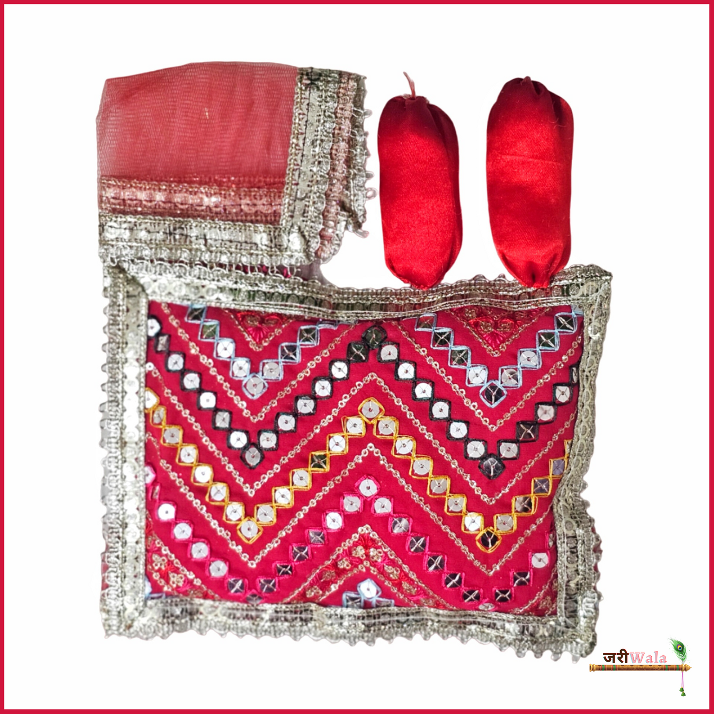 Cotton Thread Sitara Work 4 Piece Gadda Takia Set Red