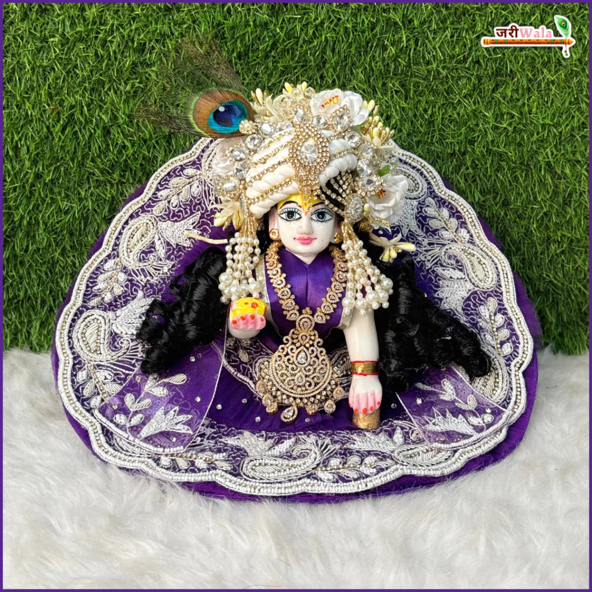 Net Frill Lace Jarkan Moti Sitara Work Indigo Laddu Gopal Poshak With Patka