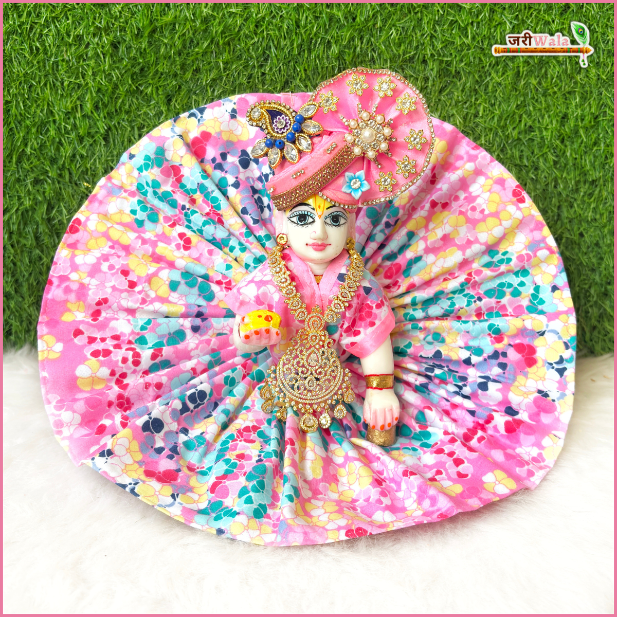 Holi Special Cotton Floral Print Baby Pink (Multicolor) Laddu Gopal Poshak