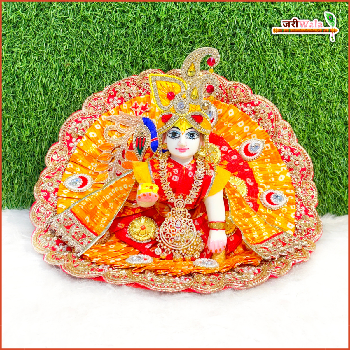 Cotton Frill Jarkan Moti Cutdana Booti Work Bandhej Multicolor Laddu Gopal Poshak