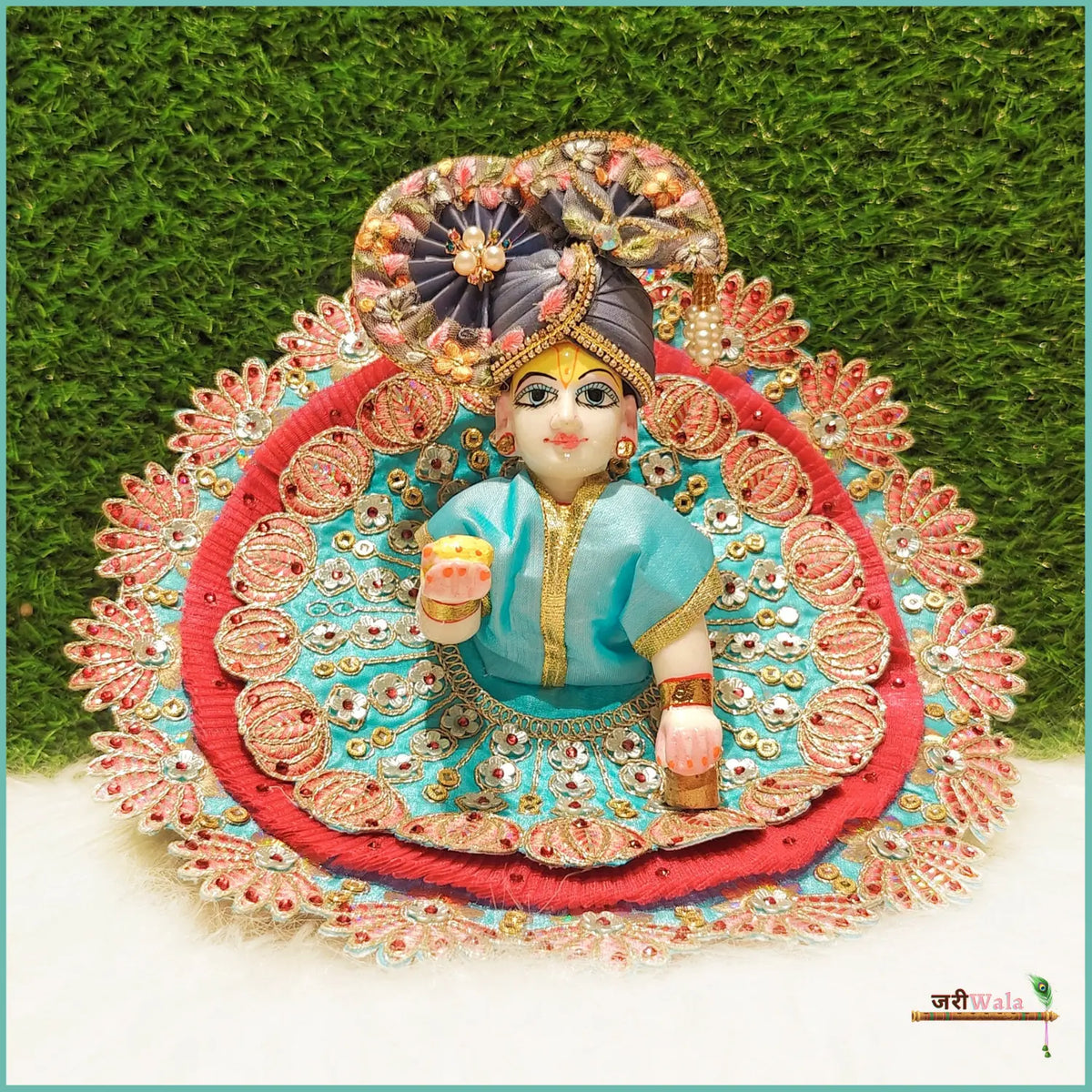 Blended Frill Thread Lace Work Light Blue & Red Poshak