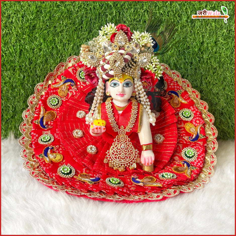 Blended Frill Jarkan Stone Booti Work Bandhej Red Laddu Gopal Poshak With Pagdi